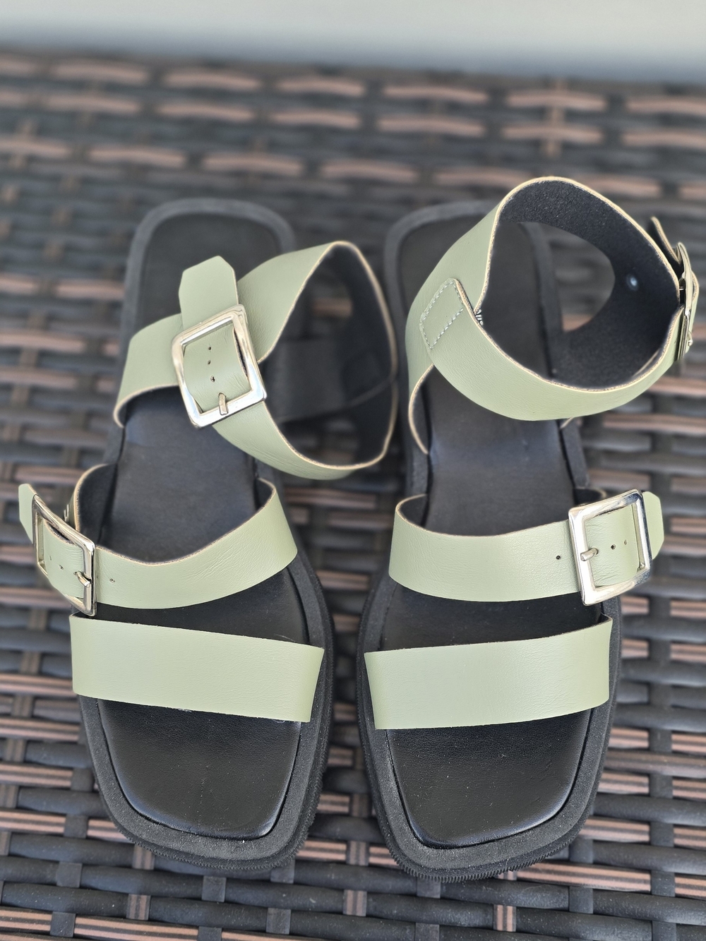 Urban Outfitters Olive Green Triple Strap Sandals with Silver Buckles